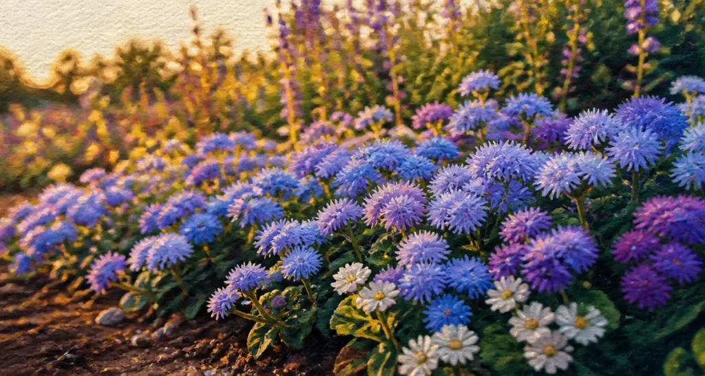 Ageratum mexicanum en massif, fleurs bleu poudre et mauve jusqu’aux gelées