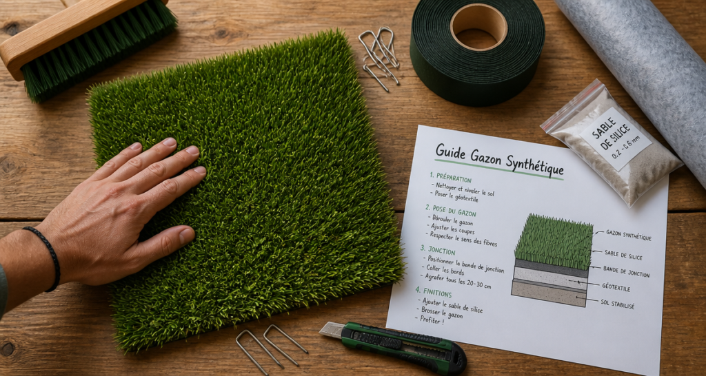 aj home vente de gazon synthétique échantillon sur bois et outils