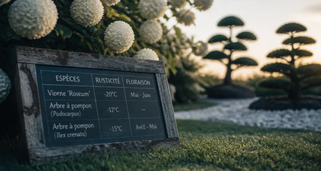 Arbre a pompon : viorne Roseum, grosses fleurs blanches en boules.