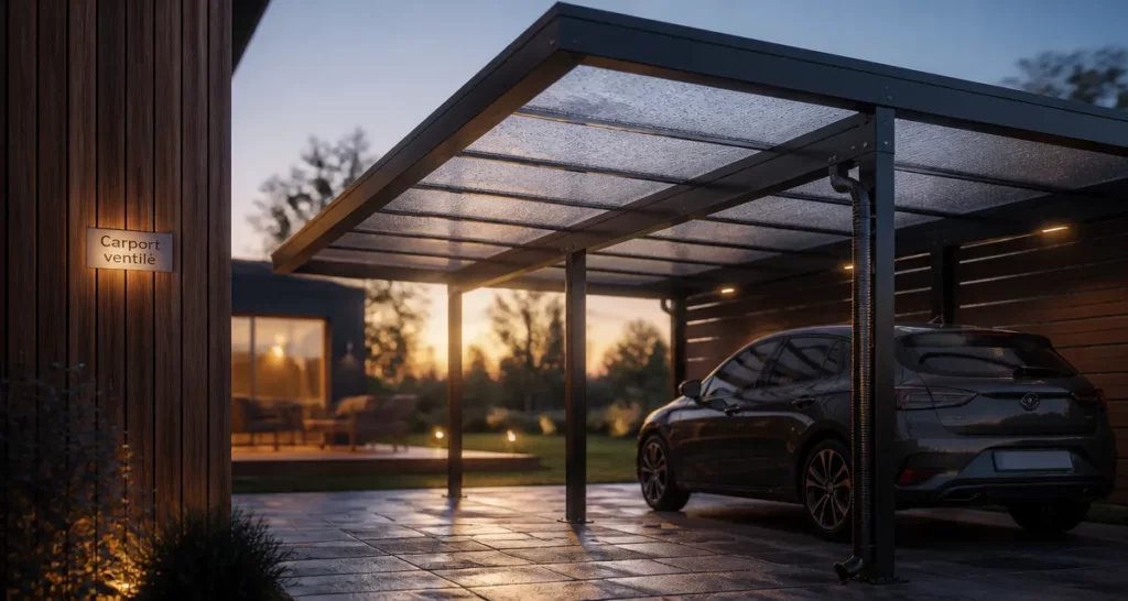 Carport Bouvara ventilé avec toit polycarbonate et poteaux métalliques