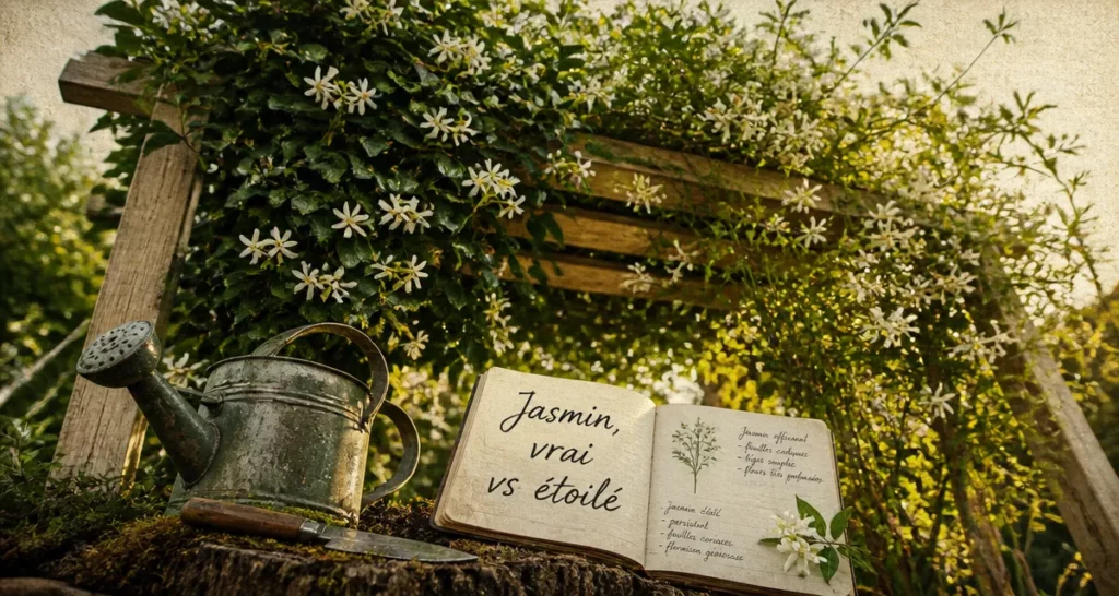 Différence entre jasmin étoilé et jasmin officinal : grimpantes parfumées sur pergola en bois