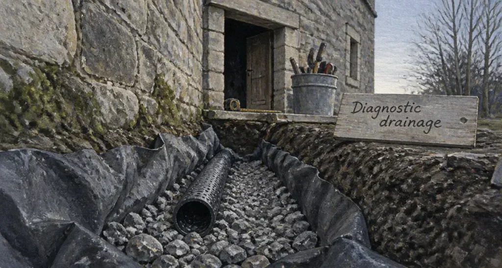 Drainage maison ancienne prix : tranchée de drainage devant maison en pierres