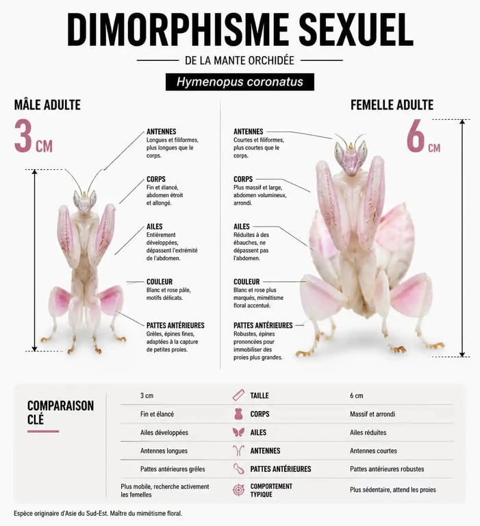 Infographie comparative du dimorphisme sexuel chez la mante orchidée Hymenopus coronatus