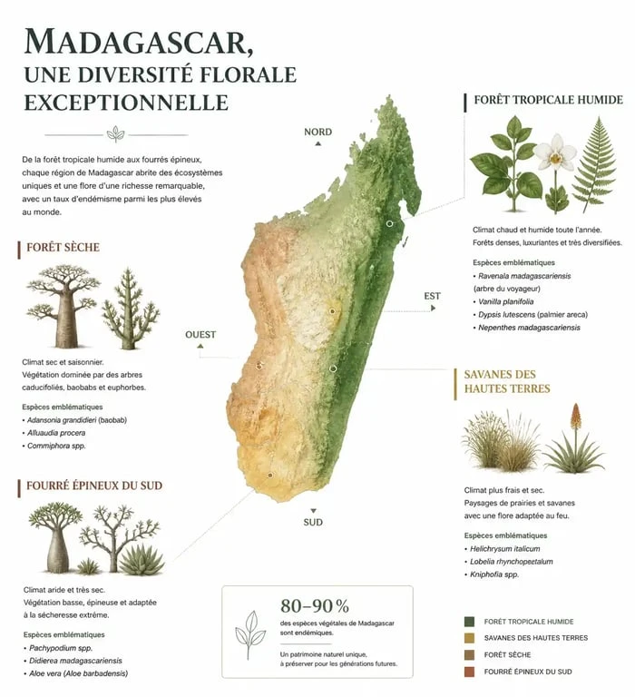 Infographie de la répartition des fleurs de Madagascar par écosystème et région
