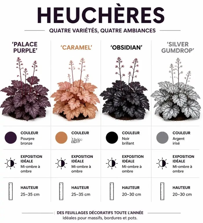 Infographie comparative des plus belles variétés d'heuchères pour le jardin