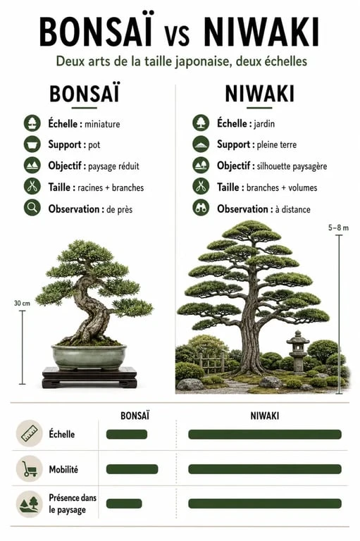 Infographie comparative entre un bonsaï en pot et un arbre japonais niwaki en pleine terre pour illustrer les différences de taille et d'entretien.