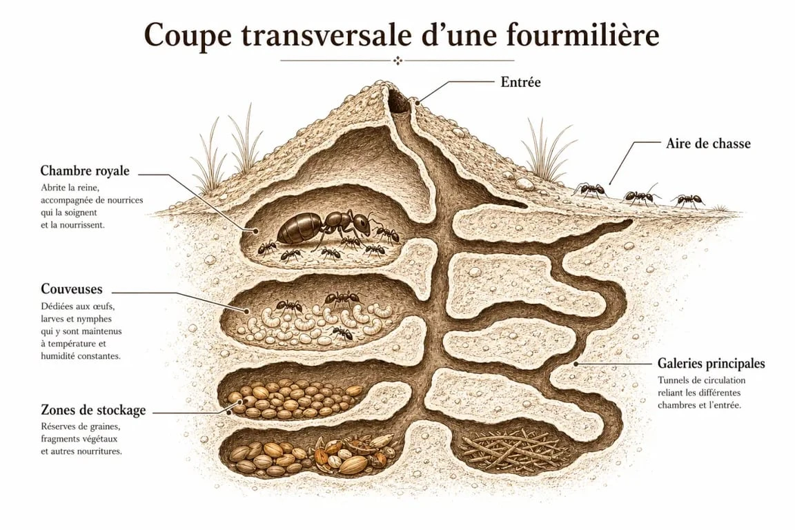 Schéma explicatif de l'architecture interne d'une fourmilière et de ses différentes zones de vie
