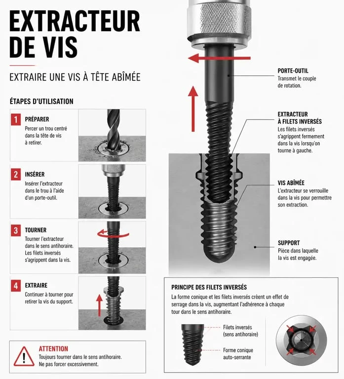 Schéma explicatif de l'utilisation d'un extracteur pour réparer un pas de vis foiré