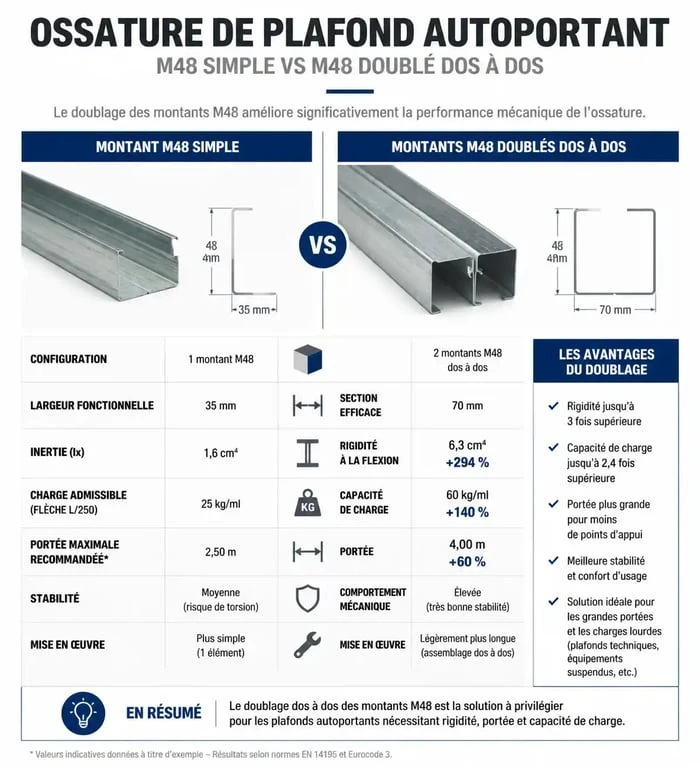 Schéma comparatif des ossatures de plafond autoportant M48 simple et doublé pour optimiser la portée maximale.