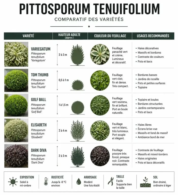 Tableau comparatif des variétés de Pittosporum tenuifolium pour le jardin