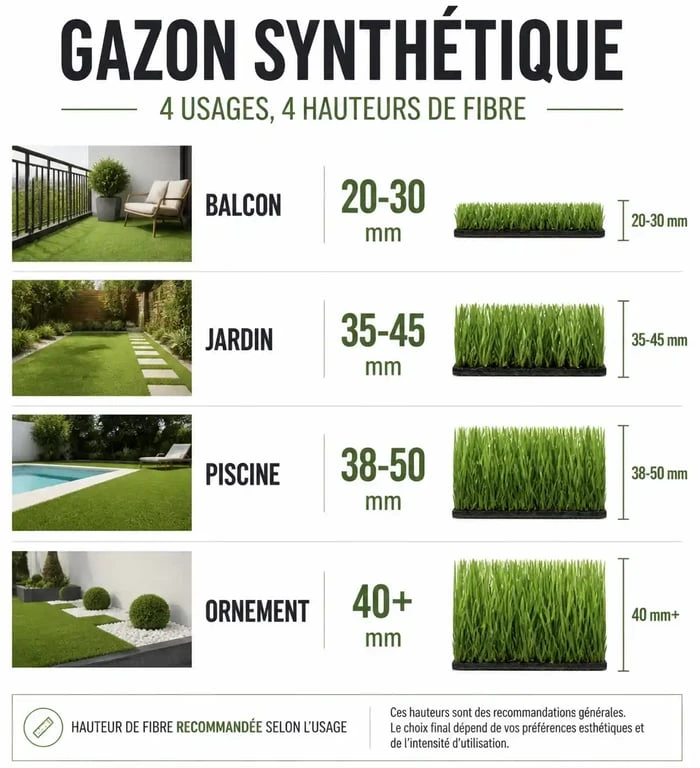 Guide des hauteurs de gazon synthétique AJ Home selon l'usage