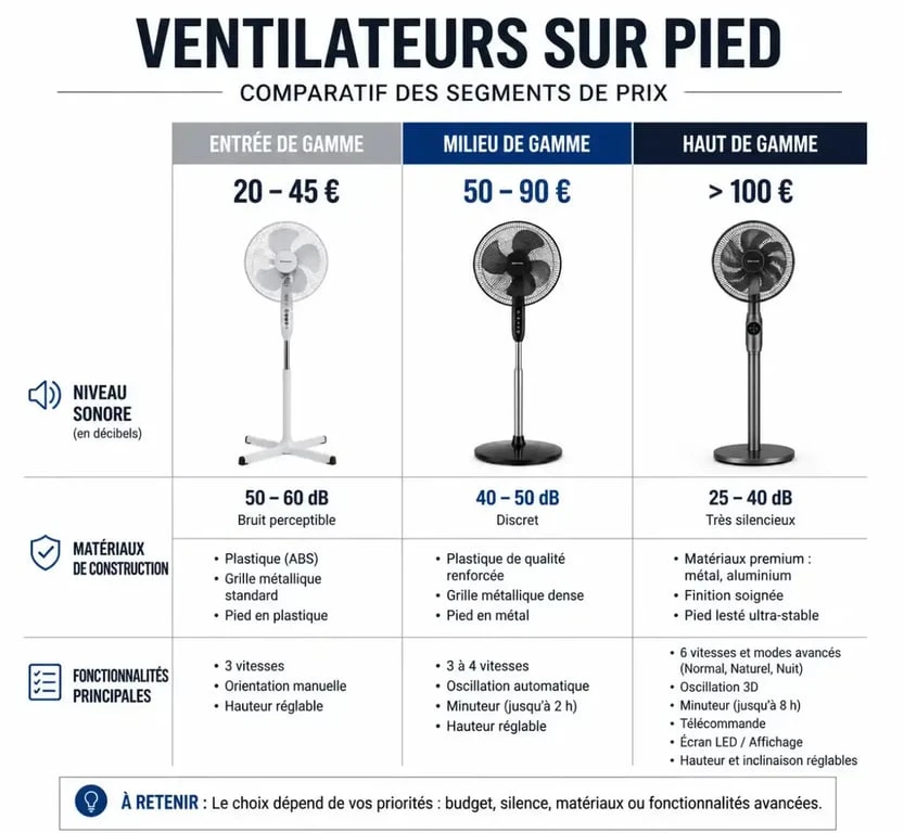 Comparatif des prix et fonctionnalités des ventilateurs sur pied : entrée, milieu et haut de gamme