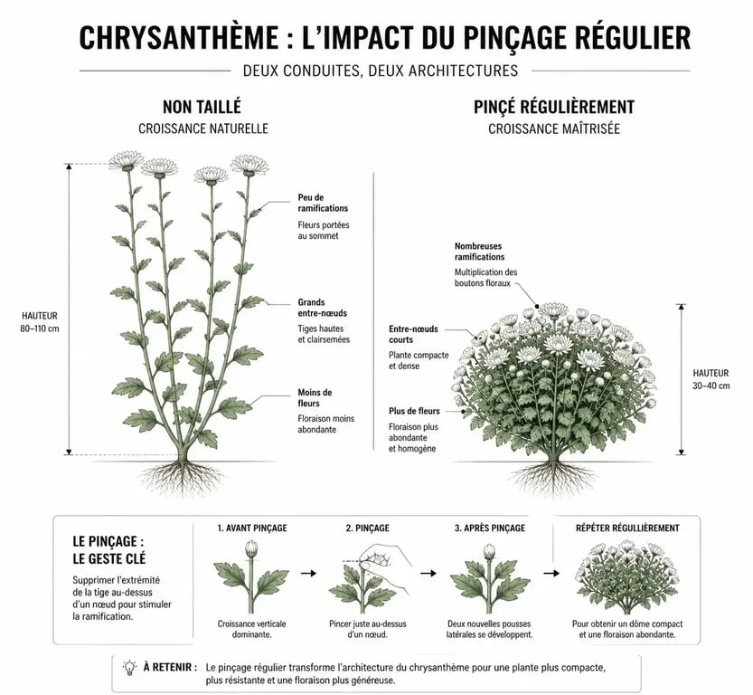 Schéma comparatif de la taille du chrysanthème pour obtenir une floraison compacte