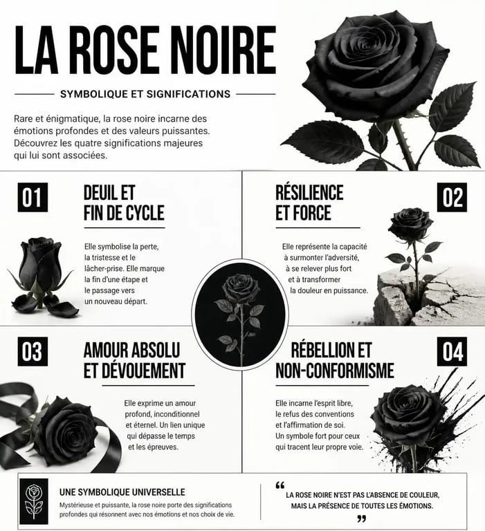 Infographie illustrant la signification des roses noires : deuil, amour éternel et résilience.