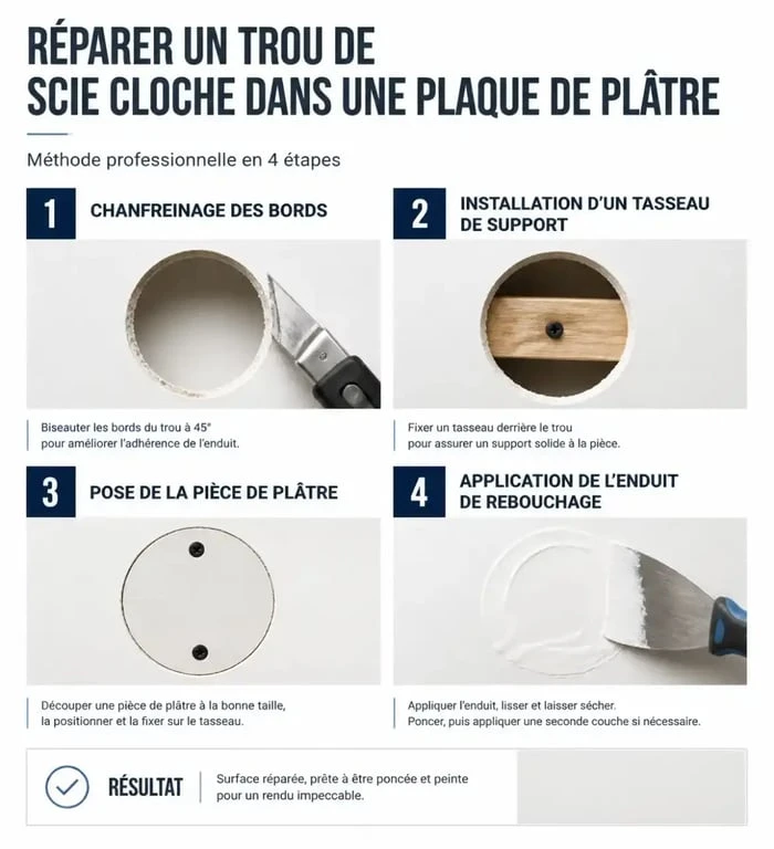 Étapes pour reboucher un trou de scie cloche dans du placo