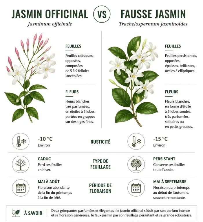 Infographie comparative entre le jasmin étoilé et le jasmin officinal pour identifier les différences botaniques et d'entretien.