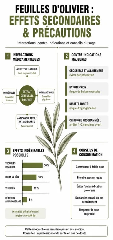 Infographie des effets secondaires et précautions d'usage des feuilles d'olivier