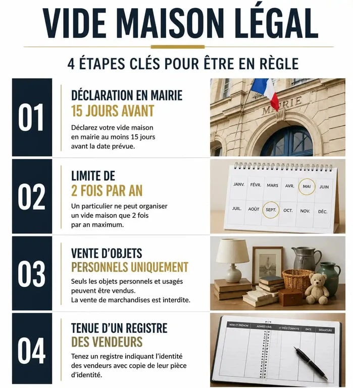 Infographie des étapes légales pour organiser un vide maison et remplir le formulaire Cerfa