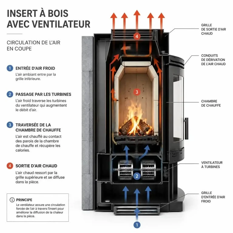 Schéma de fonctionnement d'un insert à bois avec ventilateur montrant la convection forcée