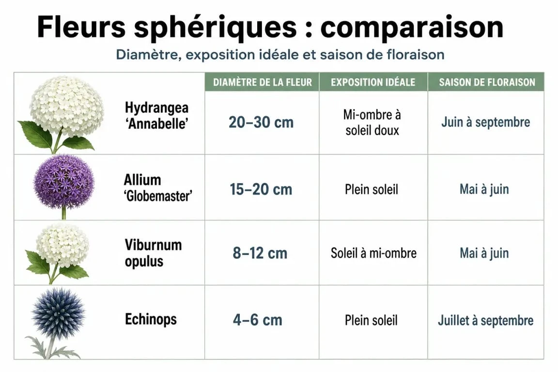 Infographie comparative des fleurs à grosse boule : Hortensia, Allium, Viorne et Echinops pour le jardin