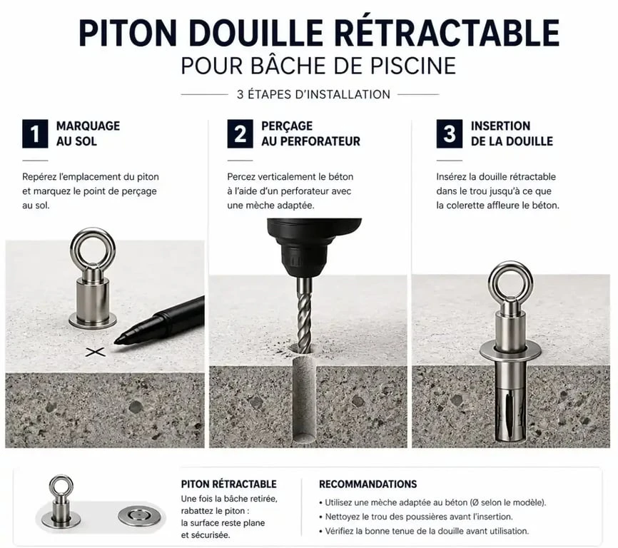 Schéma d'installation d'un piton douille rétractable pour bâche de piscine
