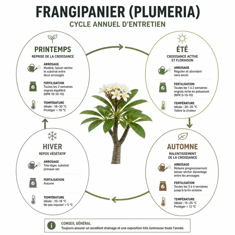 Infographie du cycle d'entretien annuel des fleurs de frangipanier