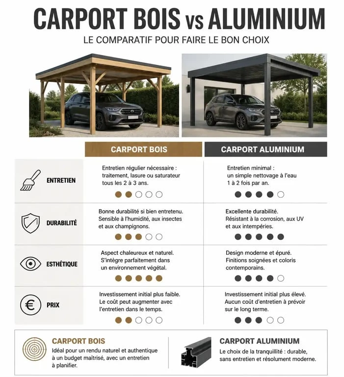 Comparatif des structures de carport en bois et en aluminium Bouvara : entretien, durabilité et prix.
