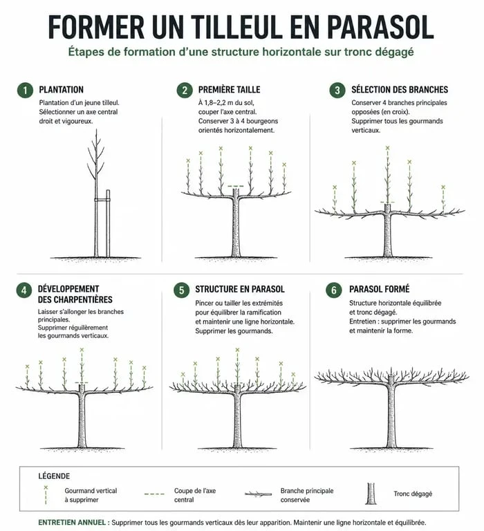 Schéma de taille d'un tilleul en parasol pour un jardin