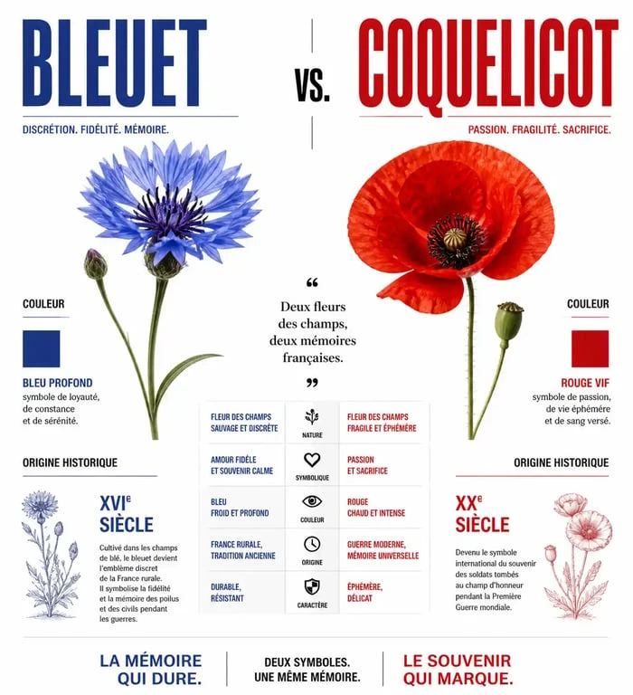 Comparaison symbolique entre le bleuet de France et le coquelicot, symboles de mémoire et de solidarité.