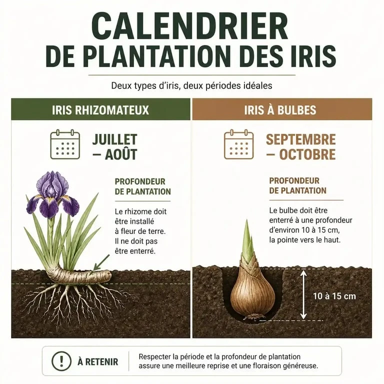 Calendrier et guide de plantation des iris : périodes idéales et profondeurs pour rhizomes et bulbes