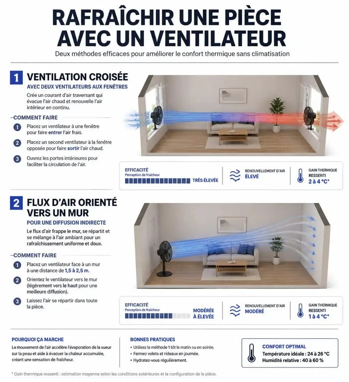Schéma explicatif des techniques pour rafraîchir une pièce avec un ventilateur : ventilation croisée et flux d'air indirect