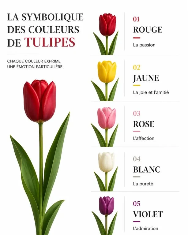 Infographie récapitulant la signification des couleurs de tulipes, incluant la signification tulipe jaune