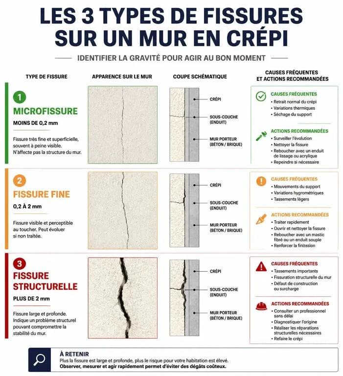 Classification des fissures sur crépi extérieur : microfissure, fissure fine et fissure structurelle