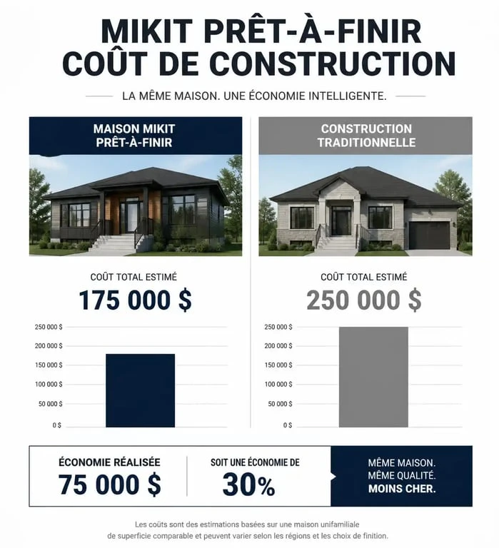 Comparaison des prix entre une maison Mikit prêt-à-finir et une maison traditionnelle pour comprendre le prix maison Mikit.