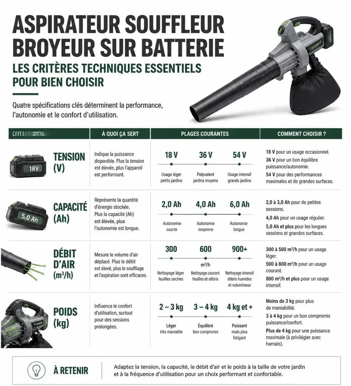 Infographie comparative des critères techniques pour choisir le meilleur aspirateur souffleur broyeur sur batterie.