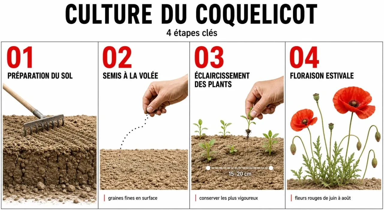 Étapes de culture de la poppy fleur : guide visuel du semis à la floraison