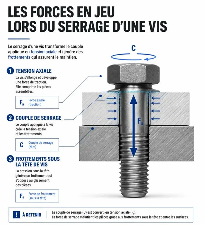 Schéma explicatif des forces physiques lors du serrage de vis