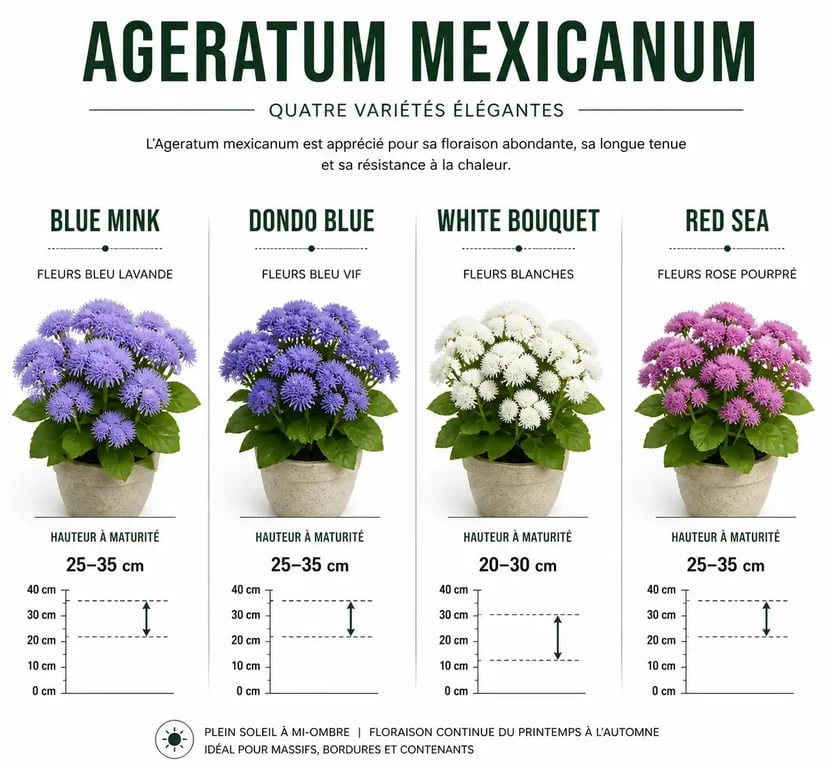 Infographie comparative des variétés d'Ageratum mexicanum : Blue Mink, Dondo Blue, White Bouquet et Red Sea avec leurs caractéristiques de hauteur et de couleur.