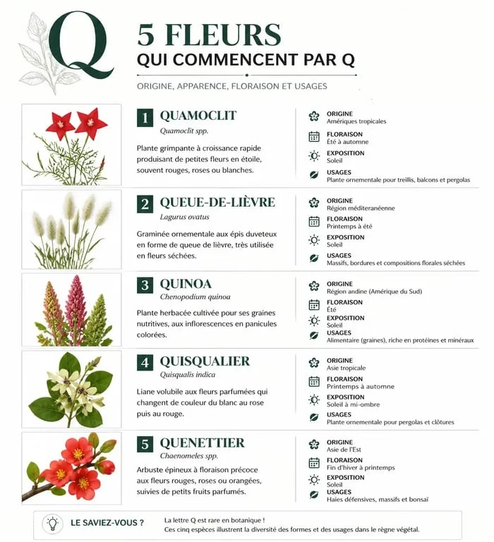 Infographie récapitulative des fleurs commençant par la lettre Q pour les jeux de lettres et la botanique