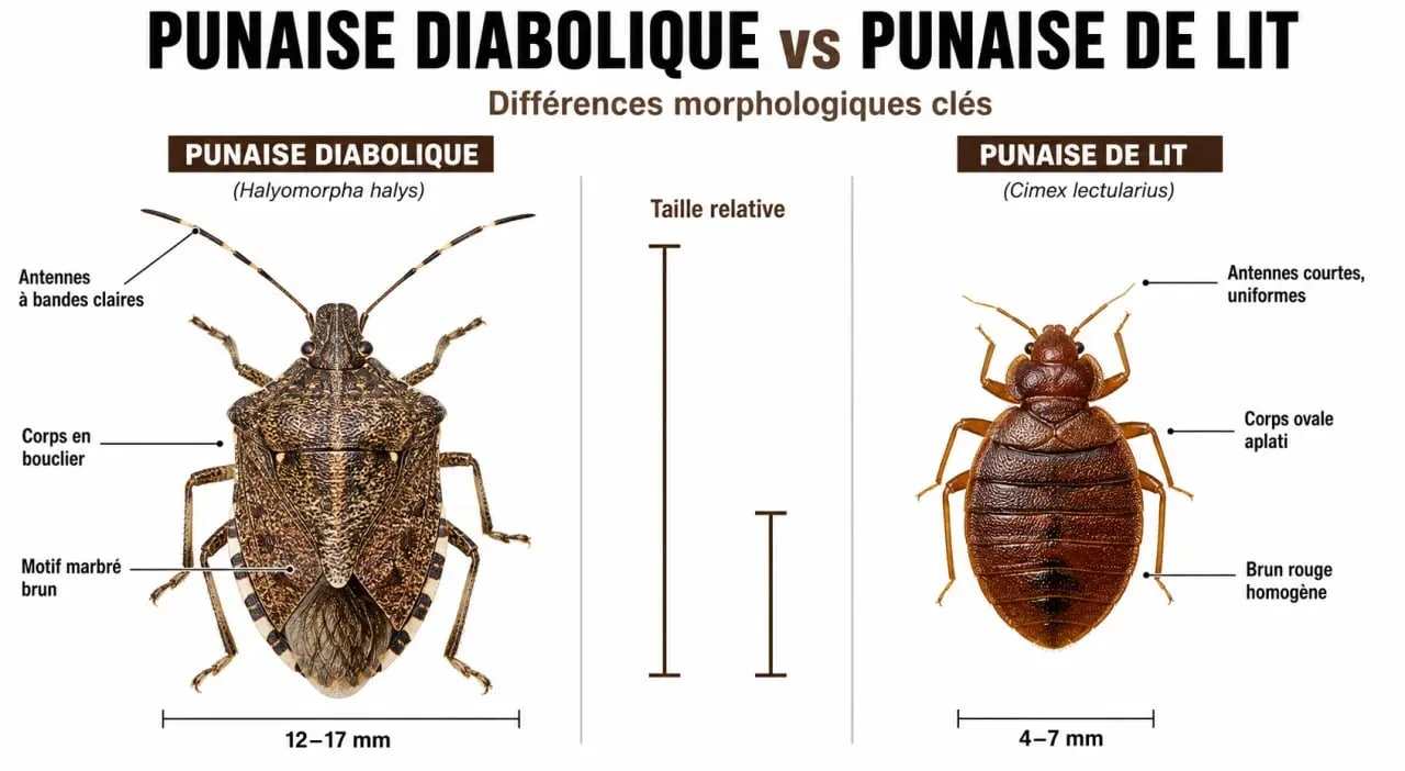 Infographie comparative pour l'identification d'une punaise marron et d'une punaise de lit dans la maison