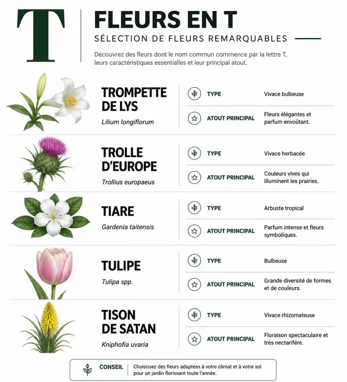 Infographie récapitulative des caractéristiques des fleurs en T les plus populaires pour le jardin