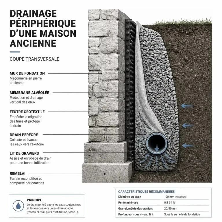 Schéma technique d'un système de drainage périphérique pour maison ancienne avec membrane et drain