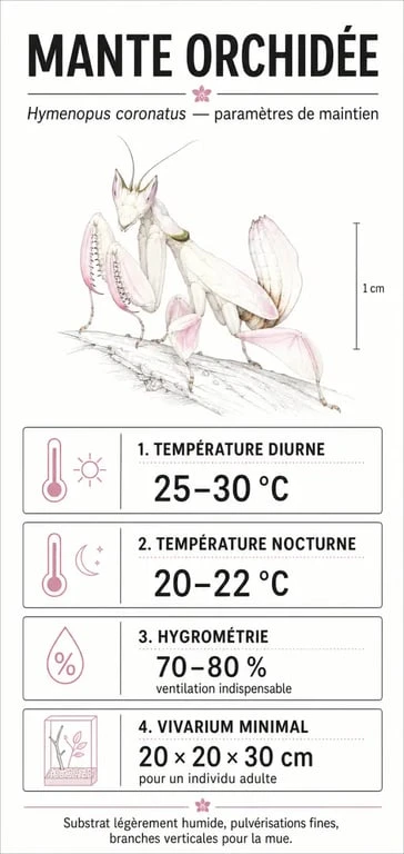 Infographie des paramètres d'élevage de la mante religieuse orchidée Hymenopus coronatus