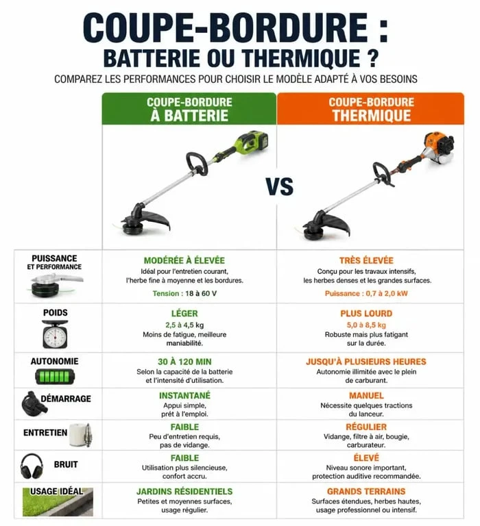 Comparatif technique entre coupe-bordure à batterie et thermique pour choisir son coupe-bordure avec lame acier