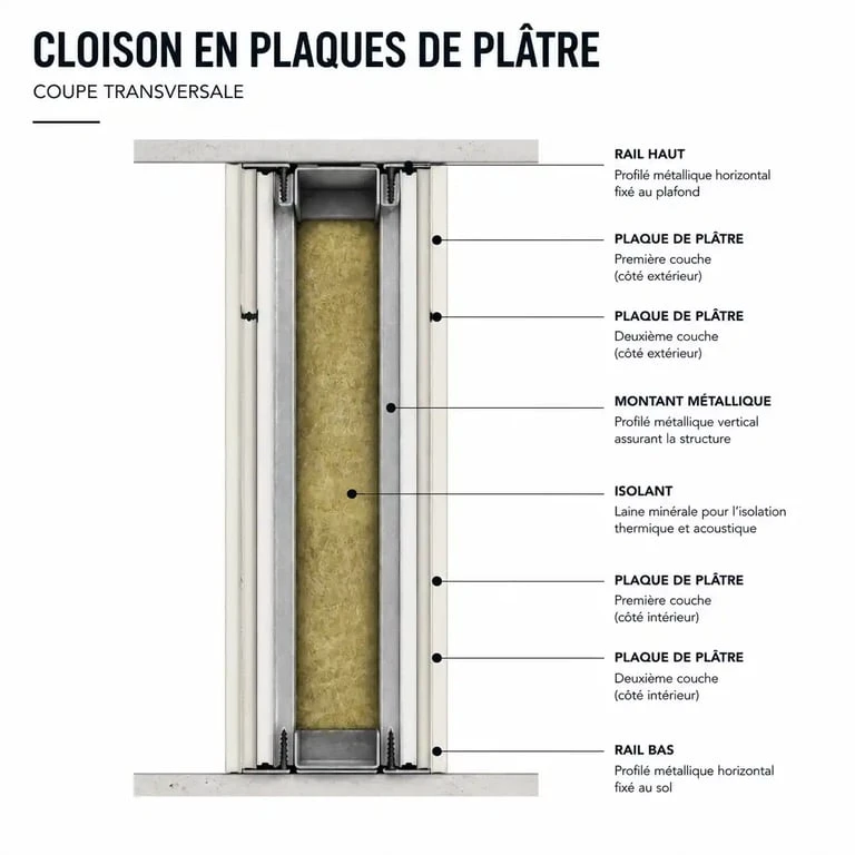 Schéma technique de l'épaisseur d'une cloison Placo avec rail et plaques BA13