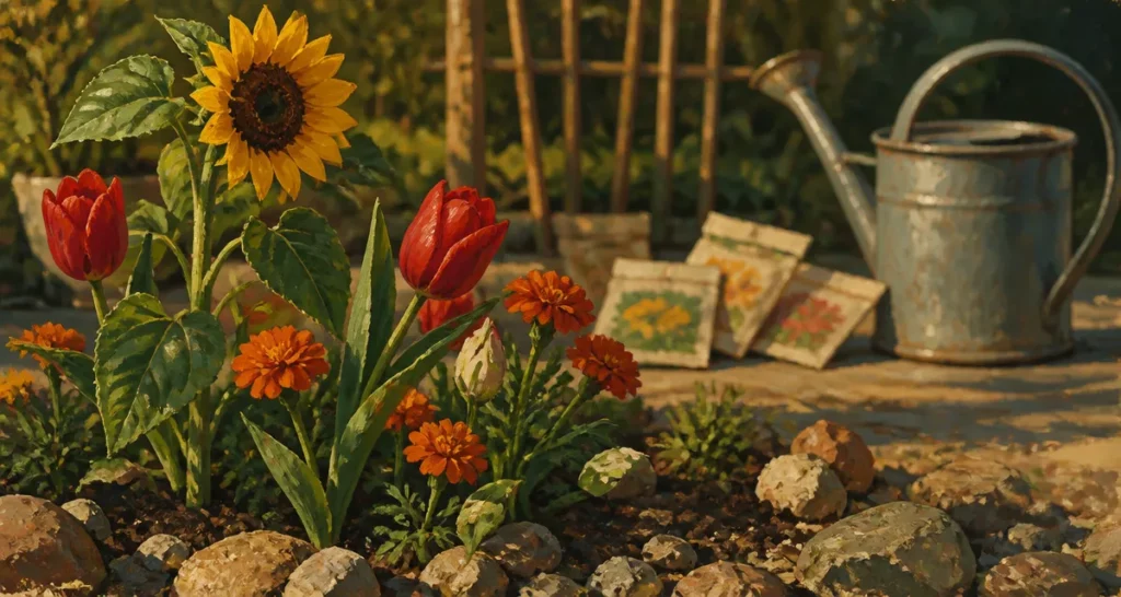 Fleur en t : tournesol, tulipe, tagète dans un massif au jardin