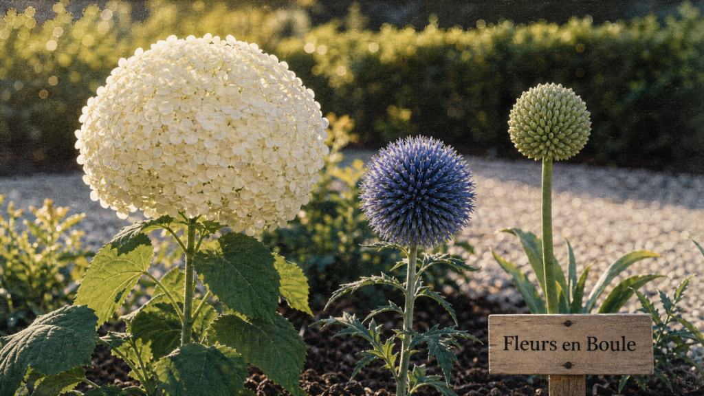 Fleur grosse boule : hortensia blanc, echinops bleu et allium en sphères