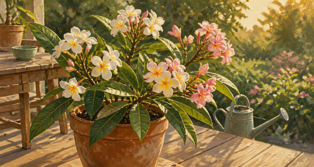 fleurs frangipanier en pot terrasse