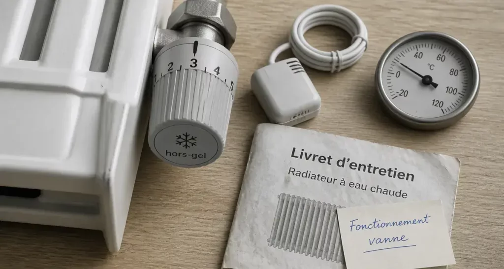 Fonctionnement vanne thermostatique : tête et radiateur, hors-gel