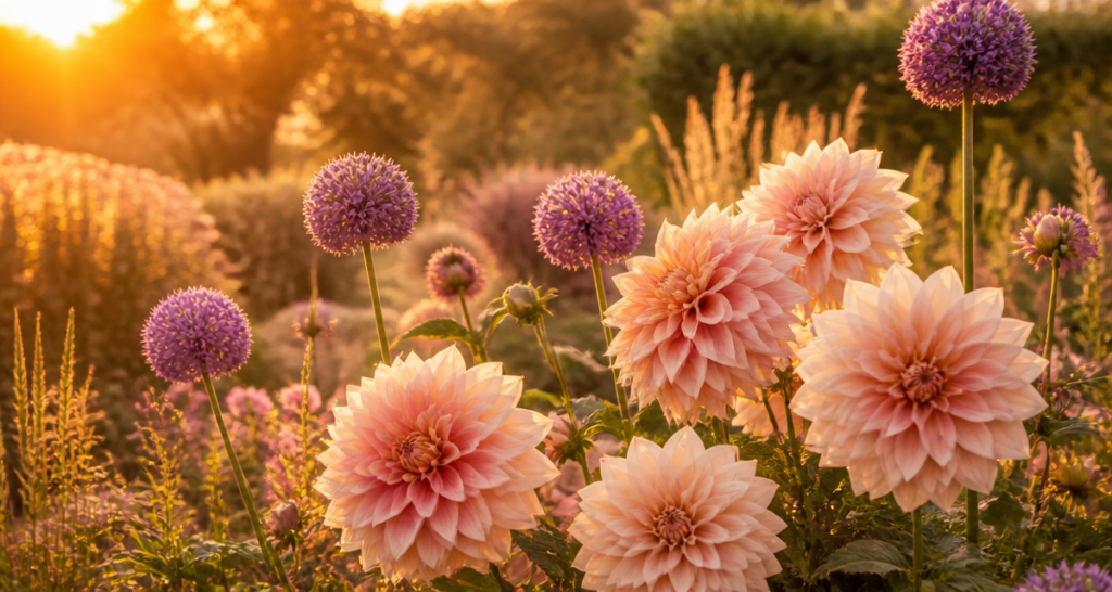 grosse fleur dahlia allium au jardin